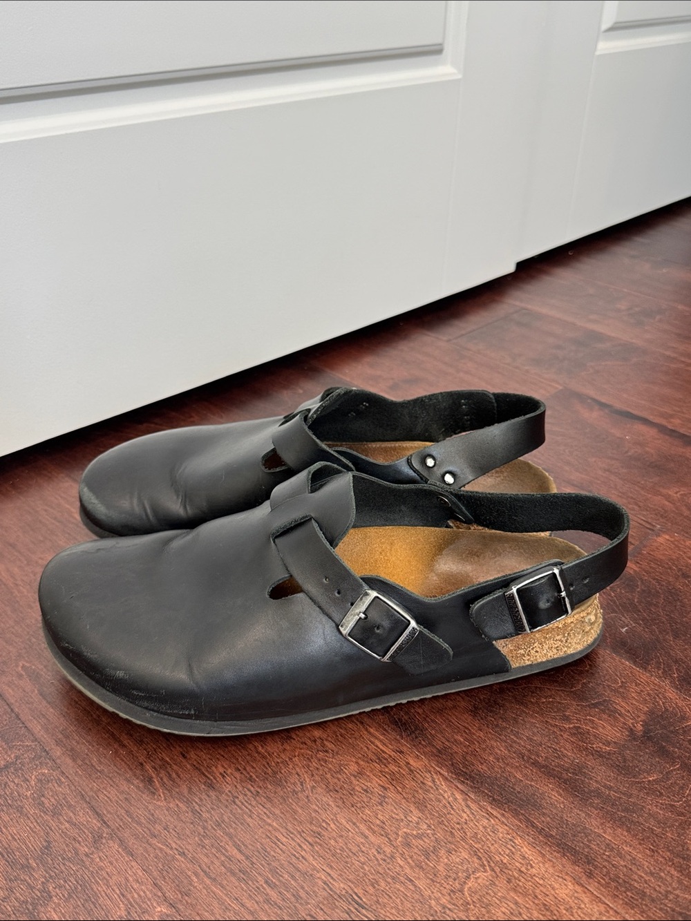 Birkenstock Men’s Black Leather Clogs Tokio Casual Shoes with heel straps